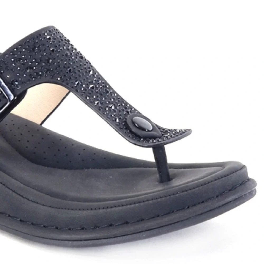 New! Italina Black Rhinestone Embellished Between The Toes Low Wedge Sandal